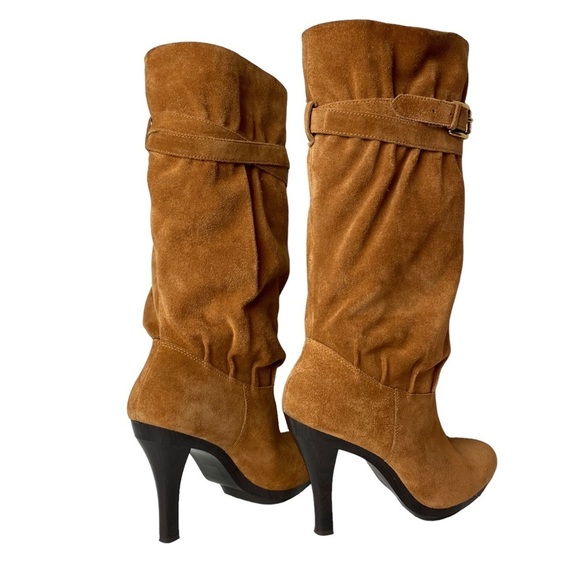 Michael Kors Cognac Suede Slouch buckle pull on knee high Boot heels size 8.5 M - Picture 7 of 10